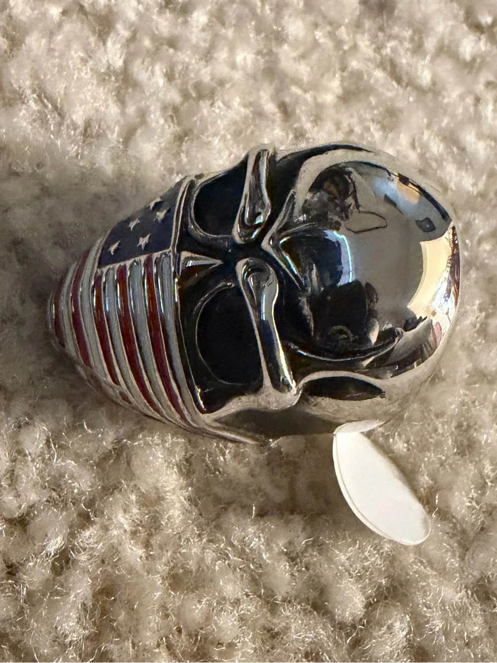 Men's Skull Ring with American Flag Face Mask in Silver and Red/Blue Enamel